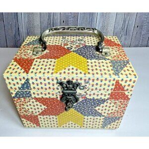 1970s Wooden Trinket Case Box Patchwork Design 7" x 5.5" x 5" with handle